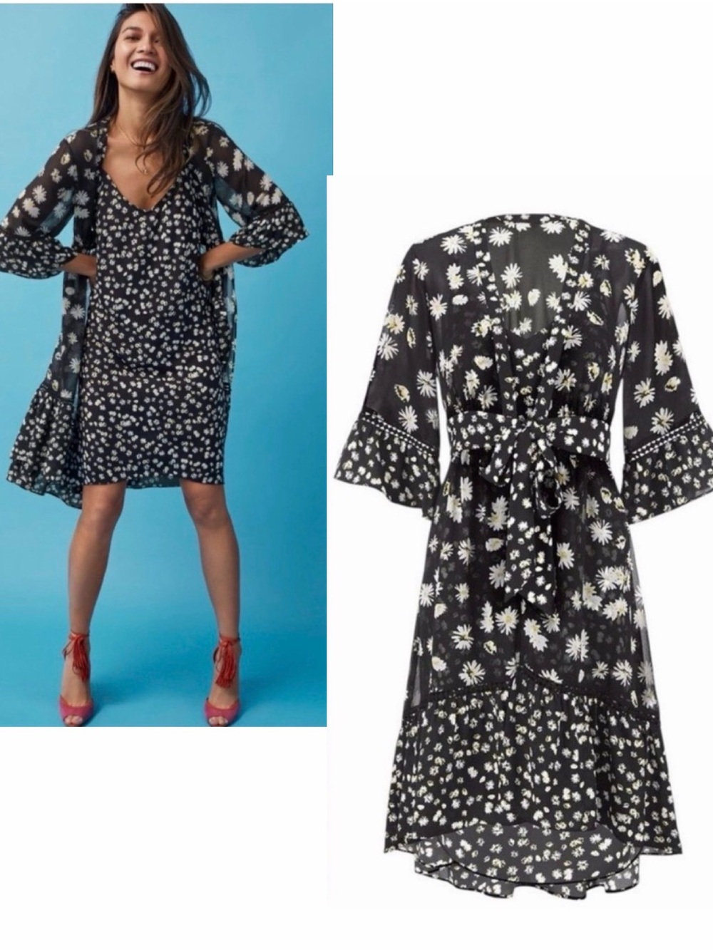 CABI NWOT 2 Piece Black/White Daisy Print Ruffle Hem Wrap Dress XL
